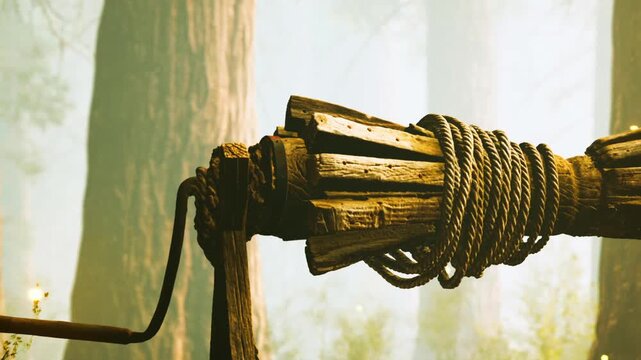 A wooden mechanism is visible in a forest area. The scene shows tall trees and soft light filtering through. The mechanism includes a rope and a handle, placed on a wooden base.
