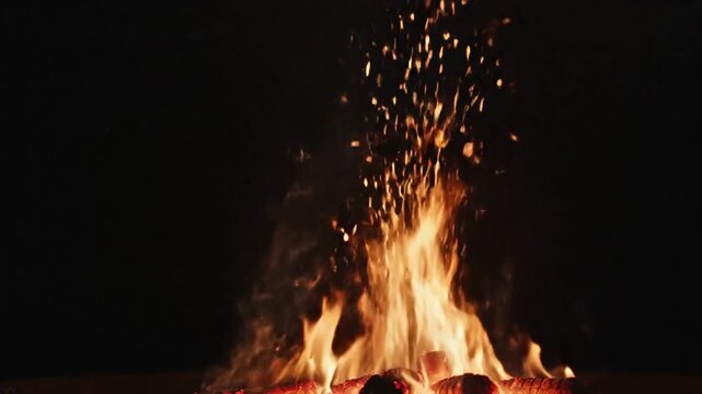 Crackling Campfire Glow: A vibrant campfire crackles and sparks, casting a warm, inviting glow against the dark night, evoking feelings of comfort and adventure.