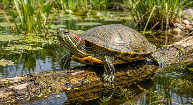 A red eared slider turtle in a pond