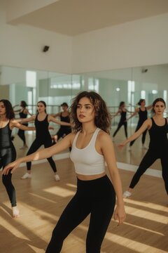 Group dance or fitness training in a spacious hall with mirrors, where girls in black tracksuits and white sneakers repeat movements following a choreographer.