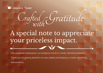 Naklejka premium Crafted with Gratitude Thank You Card Vector Template with Bronze Copper Grid Background and Elegant Script for Corporate Employee Appreciation