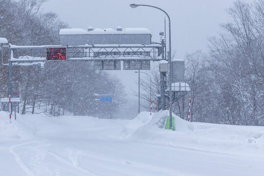 Snowy road and traffic sign during blizzard in Hokkaido