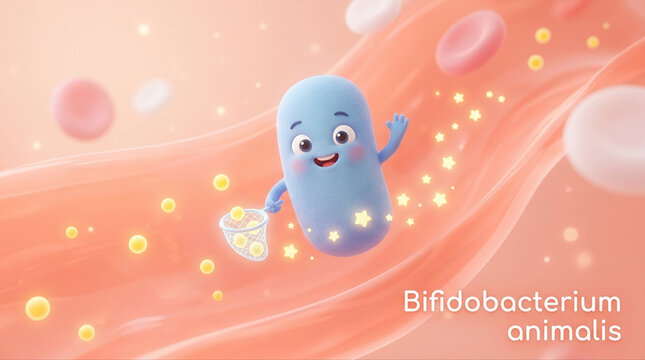 Cute animated bifidobacterium animalis character representing probiotic good bacteria in a colorful microbiome environment