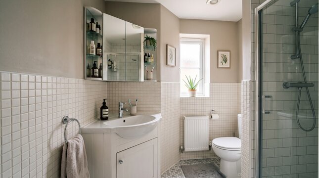 Small organized bathroom interior featuring a white vanity sink mirror cabinet and white square wall tiles