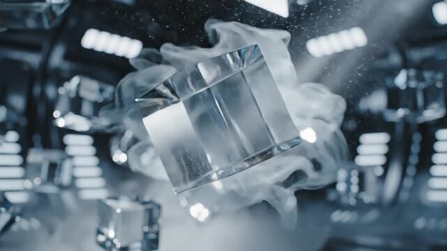 Cooling Crystal: A close-up shot captures the dynamic interaction of ice cubes and swirling mist, creating a refreshing and crisp visual.