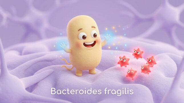 Cute animated character representing bacteroides fragilis and beneficial gut bacteria in a microbiome environment