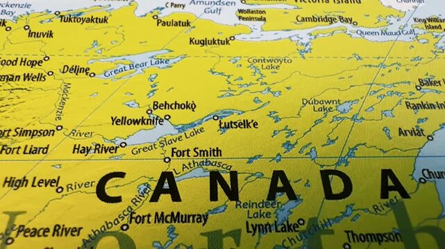 Closeup of a map of canada focusing on the northwest territories and northern provinces