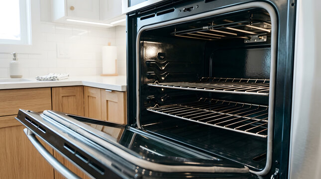 modern kitchen open oven interior | clean stainless steel electric oven | empty oven with metal racks | contemporary kitchen appliance design