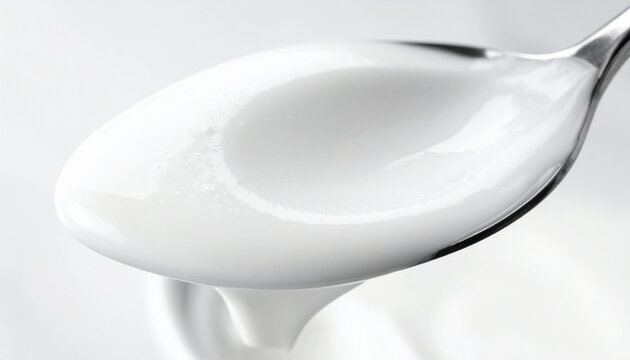 Macro yogurt spoon scoop with deep indentation and creamy texture detail
