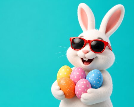Cute Easter Bunny Wearing Red Sunglasses Holding Colorful Easter Eggs on Blue Background