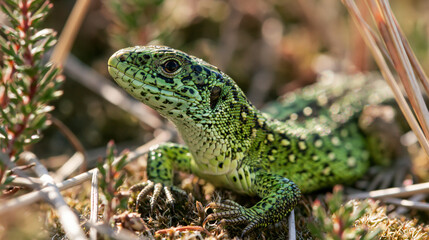 Fototapeta premium Close-up of green eastern green lizard on grass in sunny forest habitat, textured scales and camouflage