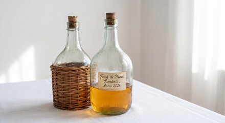 Obraz premium Two glass bottles with cork stoppers, one wrapped in wicker, sit on a white table in bright light.