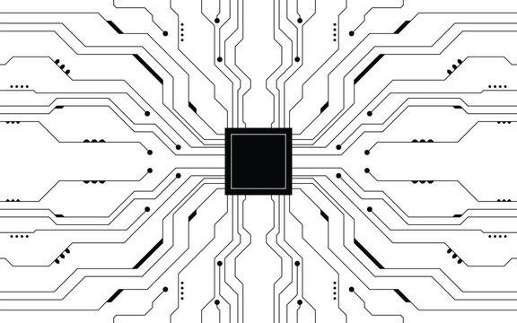 Futuristic processor circuit board background with electronic connection lines, modern technology vector illustration for ai, computing, motherboard and digital innovation
