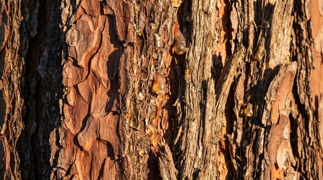 Detailed close-up of rugged pine tree bark, showcasing intricate textures and glistening amber resin drops. Ideal for organic product branding, sustainable design, or earthy lifestyle marketing.