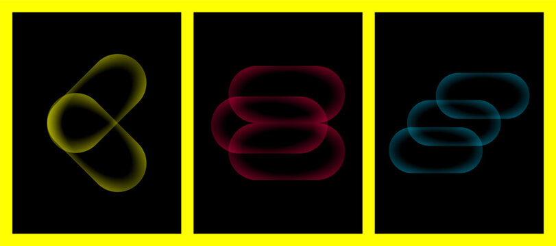 Abstract neon geometric shapes on black background. Modern glowing vector design elements.