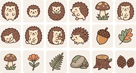 Naklejka premium Collection of adorable hedgehog character icons with forest elements like mushrooms, leaves, and pine cones flat