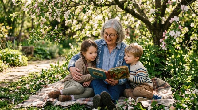 Grandmother reads a storybook to two attentive grandchildren in a beautiful blooming spring garden. This scene captures intergenerational bonding and happy childhood memories.