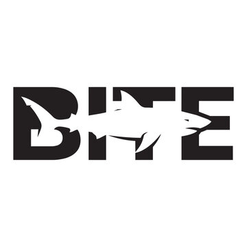Black and white typography design with a shark silhouette inside the word bite