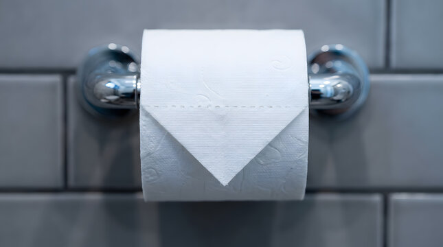 White toilet paper roll on chrome holder | Decorative triangle fold on bathroom tissue | Modern hotel bathroom with grey subway tiles | Essential sanitary products for home hygiene