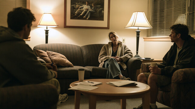 Cozy indoor three-person intimate conversation on sofa with warm nighttime lamps and thoughtful expressions