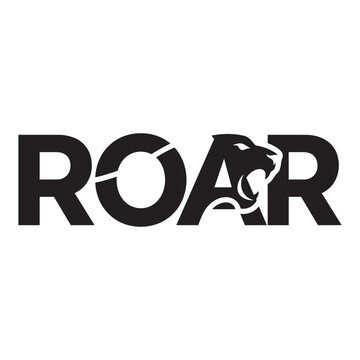 Roar text logo design featuring a creative lion head silhouette integrated into the letter a