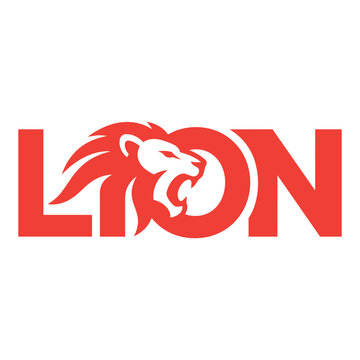 Red lion text logo design with a creative wild animal head icon for branding and identity
