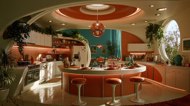 Modern retro-futuristic kitchen interior with stylish island, colorful decor, warm lighting, plants and barstools