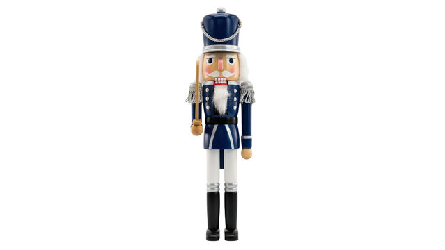 Traditional wooden nutcracker soldier wearing a dark blue uniform with silver accents standing upright isolated on transparent background