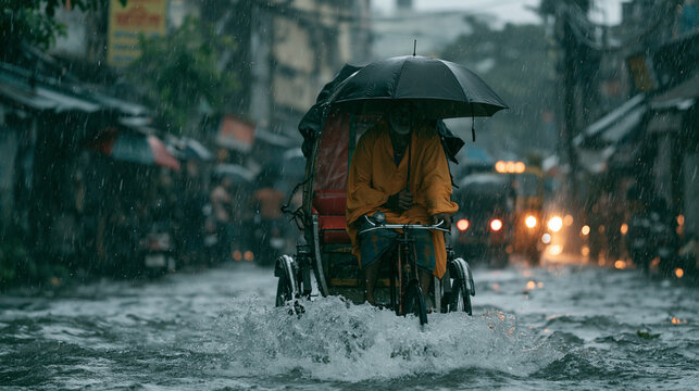 Rainy street with bicycle rickshaw and umbrella during monsoon season, wet pavement with reflections and floodwater
