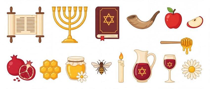 Rosh Hashanah cartoon clipart set with Torah menorah shofar and honey
