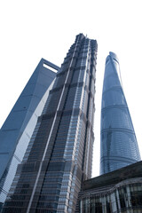 Fototapeta na wymiar Modern skyscrapers isolated on white, transparent, high rise towers Shanghai, China, low angle view