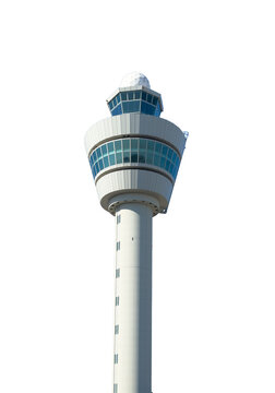 Airport traffic control tower with blue glass decks and rooftop radar dome isolated on white, transparent