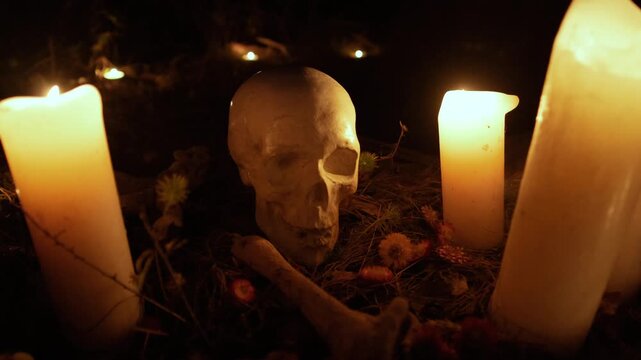 Stationary human skull and adjacent long bone placed on ground among dried flowers, pine needles, twigs, and seedpods, encircled by multiple lit pillar candles and tealights that emit warm amber