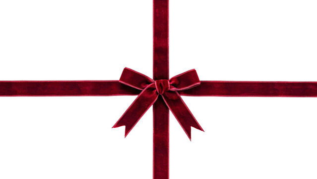A luxurious deep red velvet ribbon tied into a decorative bow featuring elegant fabric texture and soft lighting on transparent background