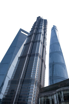 Modern skyscrapers isolated on white, transparent, high rise towers Shanghai, China, low angle view