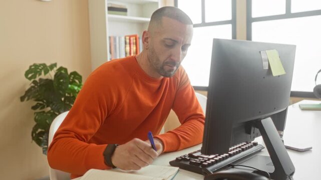 Man wearing orange sweater typing on keyboard at computer in building, hands on keys with sticky note on monitor; concentration productivity.