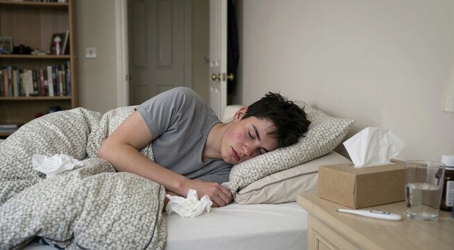 Sick teenager sleeping in bed with tissues on nightstand. Unwell boy resting under duvet with thermometer and medicine nearby. Cold and flu recovery concept