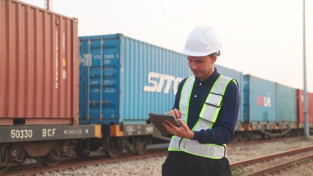 Engineer in safety gear standing on railway tracks, inspecting freight train and pointing direction while holding tablet in industrial transport setting.