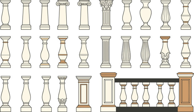 Architectural column and baluster designs with railing section