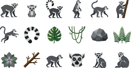 Obraz premium Collection of flat vector lemur icons showcasing diverse movements and tropical jungle foliage environment
