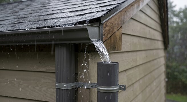 Close up of heavy rain pouring from house roof gutter into downspout pipe. Residential drainage system during wet storm weather