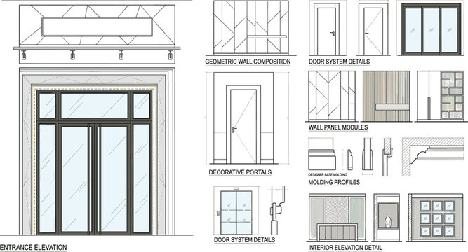 Architectural drawings of entrance elevation, doors, wall panels, and molding profiles
