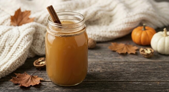 Close up of warm apple cider with cinnamon sticks in mason jar. Cozy autumn lifestyle composition with knit blanket pumpkins and dry leaves on rustic wooden table