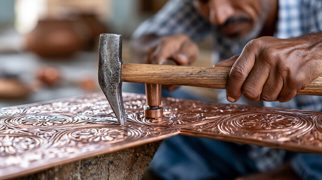 Faceless coppersmith using hammer and punch to emboss floral design onto copper sheet in artisan metalworking craft, artisan craft concept, creative photography, blurred workshop