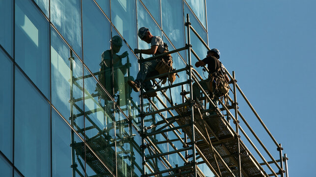 Urban Construction Workers Installing Scaffolding on High-Rise Building in Metropolitan Area for Maintenance and Safety