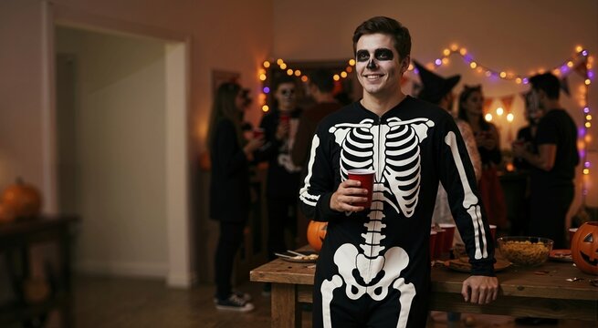 Smiling young man in skeleton costume holding red cup at Halloween party. Male with skull face paint enjoying festive holiday celebration with friends