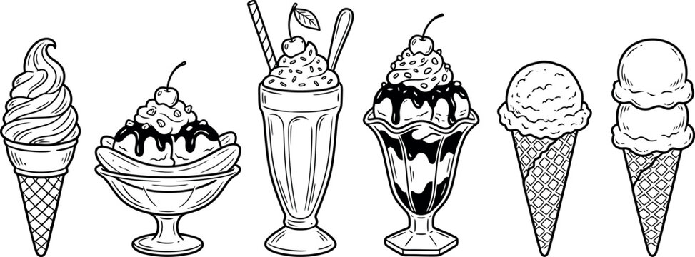 A collection of five different black and white line art illustrations depicting various classic ice cream treats including sundaes, milkshakes, and soft serve cones