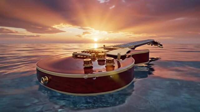 Guitar on Water at Sunset: A lone electric guitar rests on the tranquil surface of the ocean, its glossy finish reflecting the dramatic hues of a setting sun.