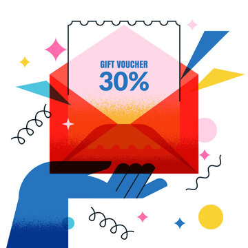 Discount voucher coupon in envelope. Vector hand holding email for sale promotion. Design for banner, posters, gift card
