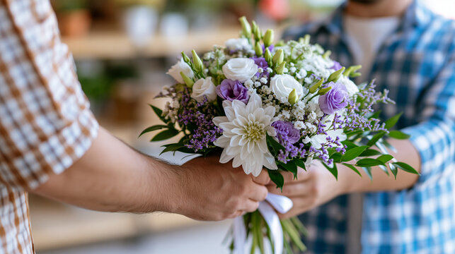 Faceless florist showing bridal bouquet design to customer in bright professional floral workshop during customer consultation and business creative professional discussion,